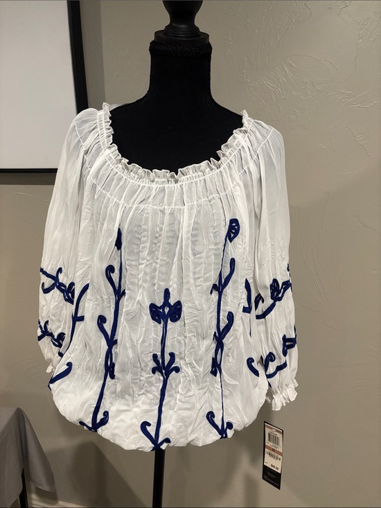 INC International Concepts Tops - INC International Concepts White Blouse with Blue Embroidery